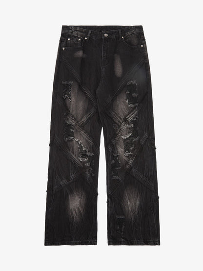 Thesupermade Heavy Washed Ripped Plaid Stitching Hip-Hop Jeans - 2174 