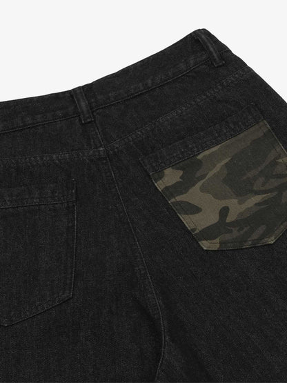 Patchwork Camouflage Ripped Denim Jorts 