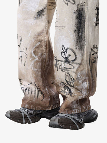 Distressed Washed Graffiti Baggy Jeans 
