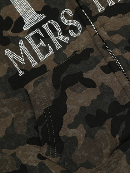 Hotfix Rhinestones Camouflage Fur Hooded Fleece Jacket - 2357 
