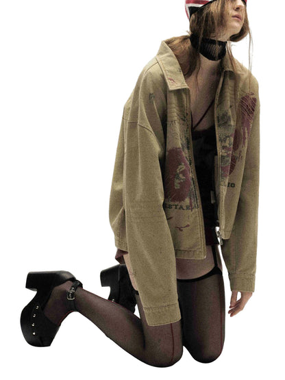 Washed Graffiti Zip Up Workwear Jacket 