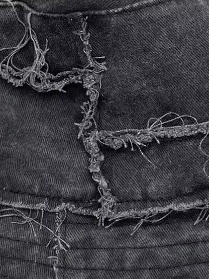 Distressed Denim Raw Edge Destroyed Bucket Hat 