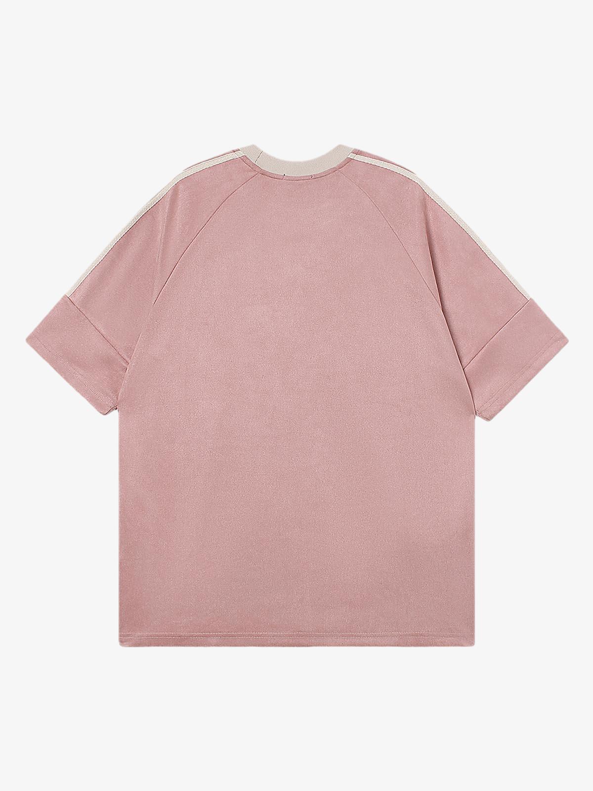 Suede Contrast Color Spliced Letter Embroidery Oversize T-shirt - 2462 
