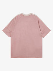 Suede Contrast Color Spliced Letter Embroidery Oversize T-shirt - 2462 