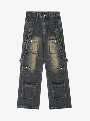 Thesupermade Vintage Washed Web Rivets Hip-Hop Jeans 