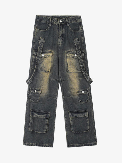 Thesupermade Vintage Washed Web Rivets Hip-Hop Jeans 