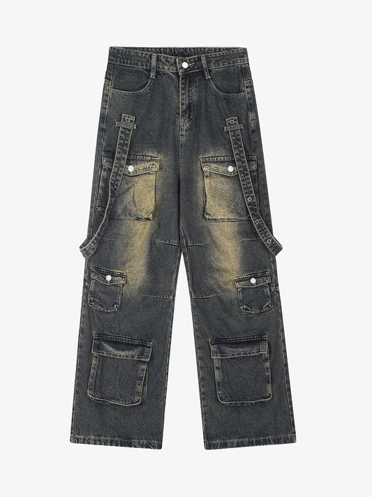Thesupermade Vintage Washed Web Rivets Hip-Hop Jeans 