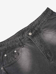 Washed Distressed Raw Edge Barrel Jeans - 2402 