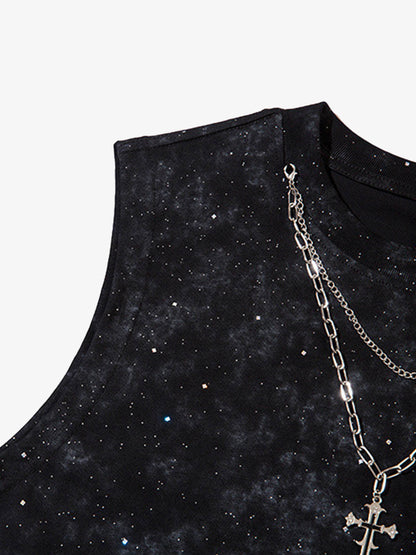 Retro Rhinestone Cross Chain Vest 