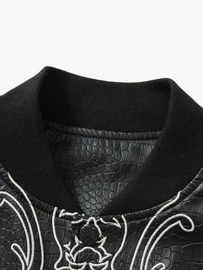 Gothic Cross Embroidery Crocodile Leather Bomber Jacket 