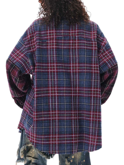 Retro Faux Two-Piece Plaid Shirt 