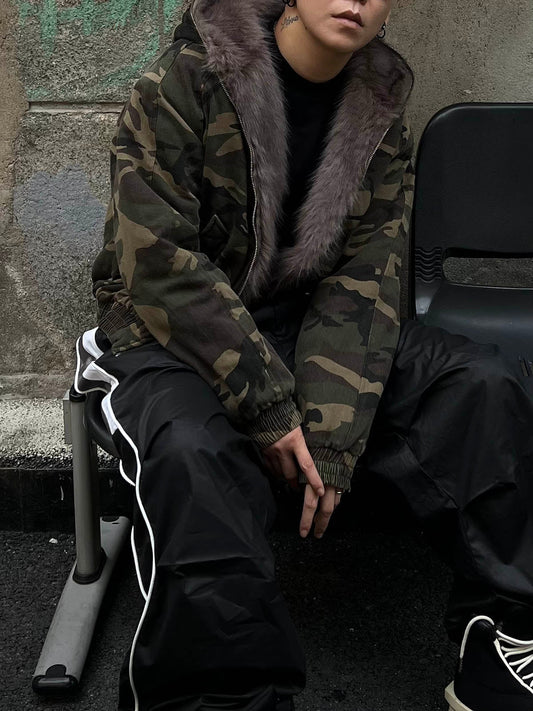Thesupermade Camouflage Fur Collar Hooded Quilted Jacket 