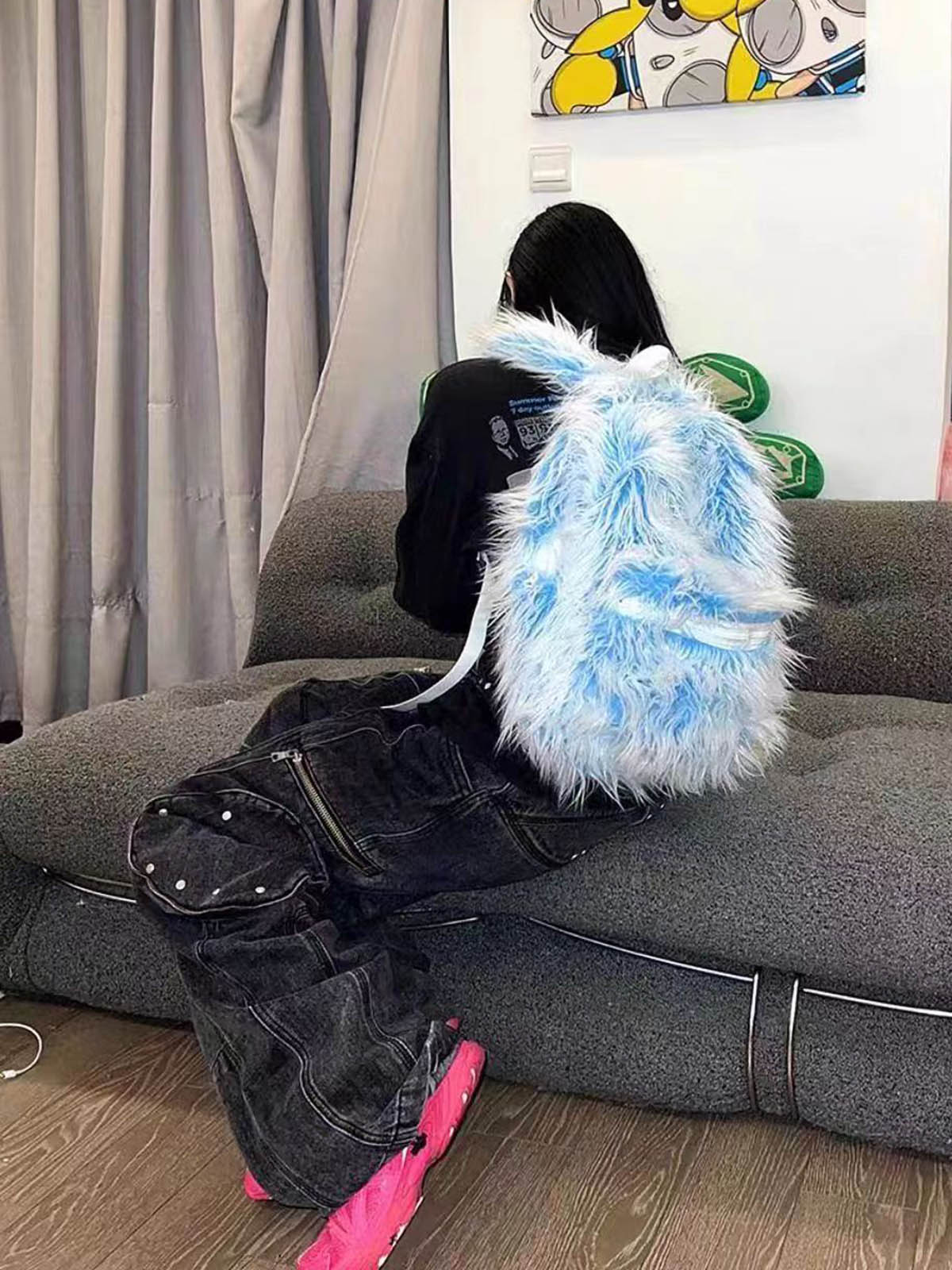 Snow Monster Contrast Ice Blue Furry Backpack 