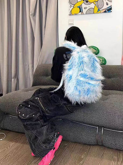 Snow Monster Contrast Ice Blue Furry Backpack 
