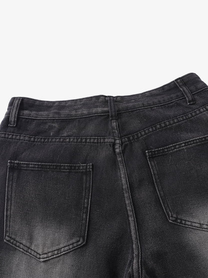 Washed Distressed Straight Jeans 