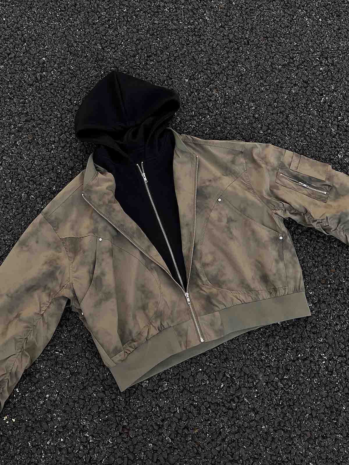 Patchwork Faux Two-Piece Gradient Hooded Bomber Jacket 