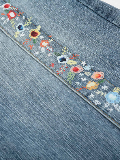 Embroidered Floral Culottes Denim Jorts 