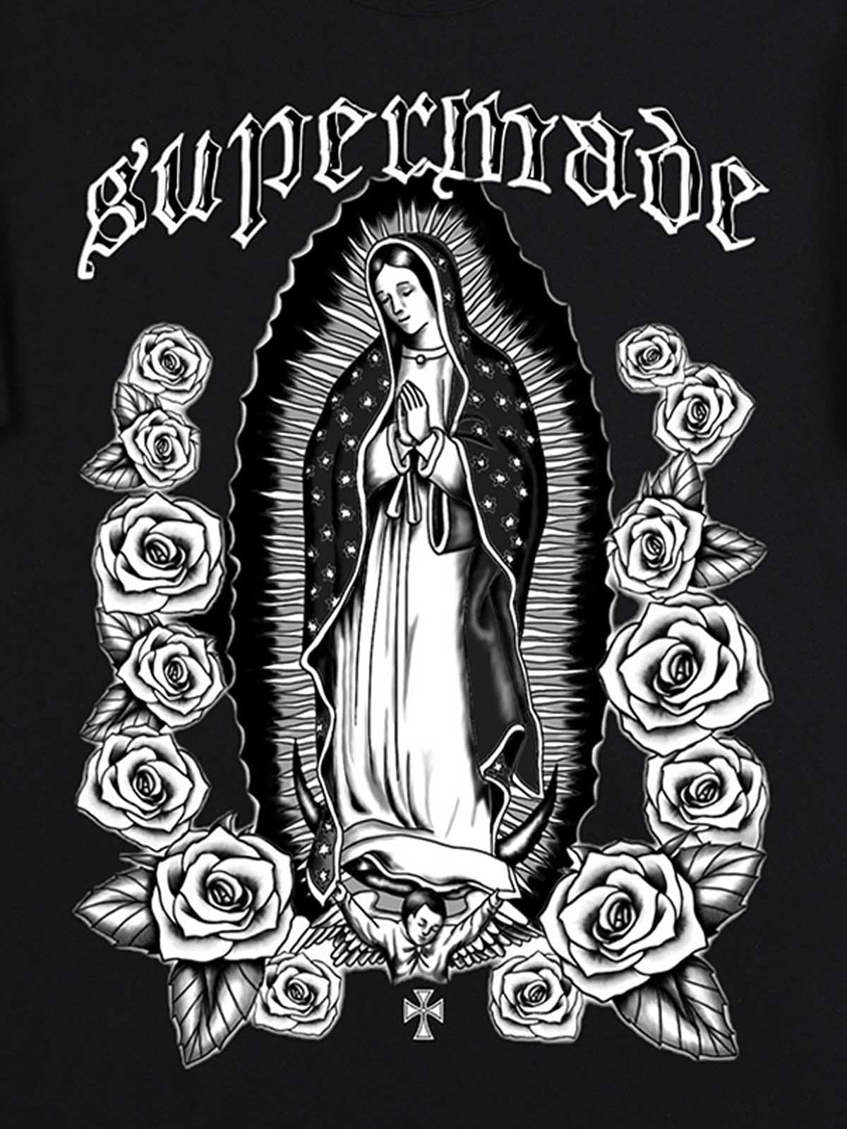 Original Retro Gothic Virgin Mary Floral Print T-Shirt 