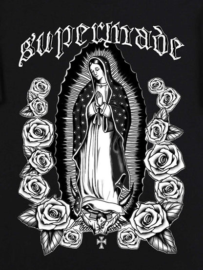 Original Retro Gothic Virgin Mary Floral Print T-Shirt 