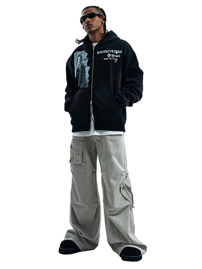 Washed Distressed Retro Portrait Print Double Zipper Hoodie 