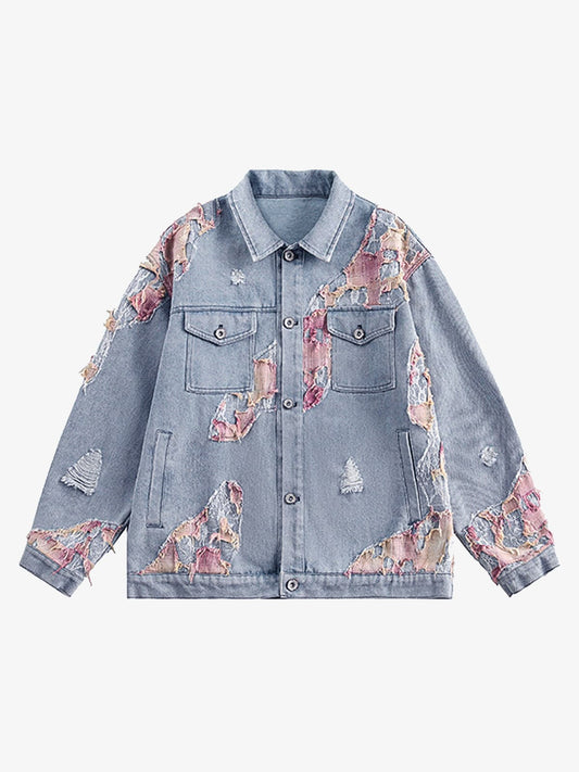 Thesupermade American Street Style Lace Patchwork Denim Jacket 