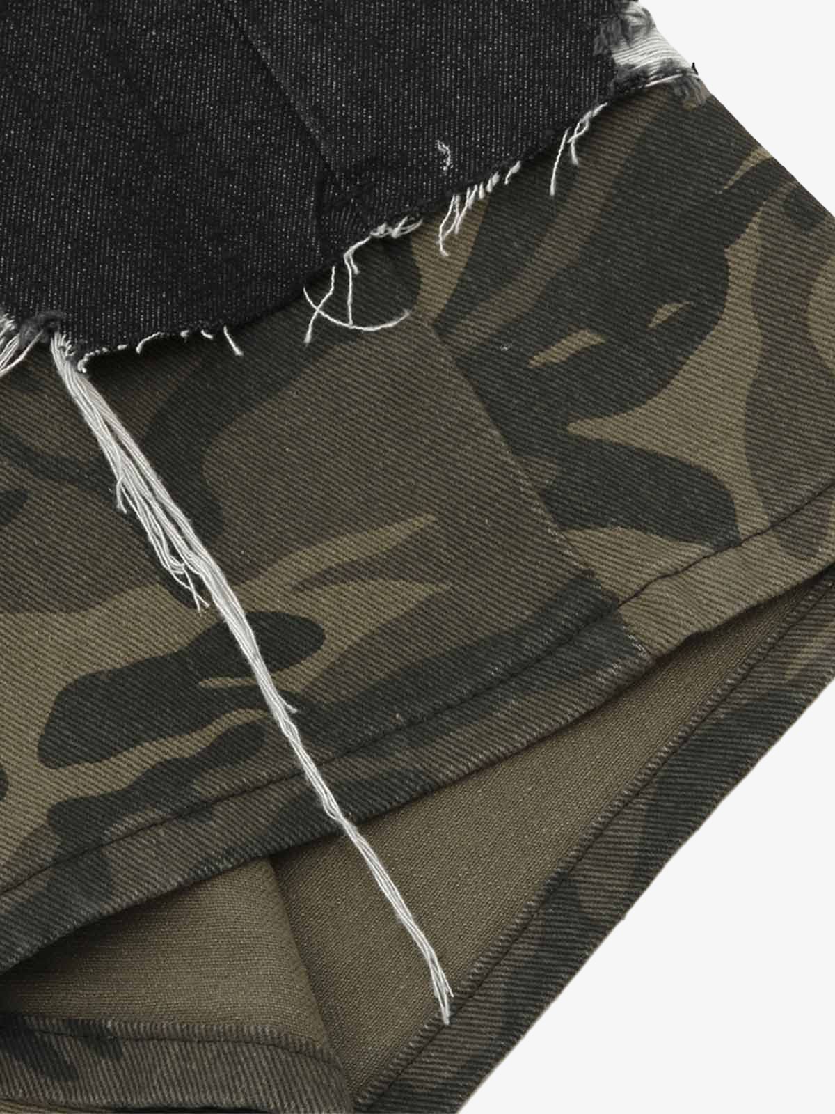 Patchwork Camouflage Ripped Denim Jorts 
