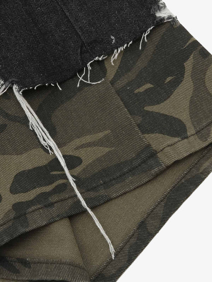 Patchwork Camouflage Ripped Denim Jorts 