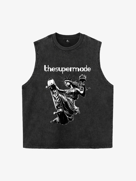 Original Funny Statue of Liberty Print Sleeveless Denim Vest 