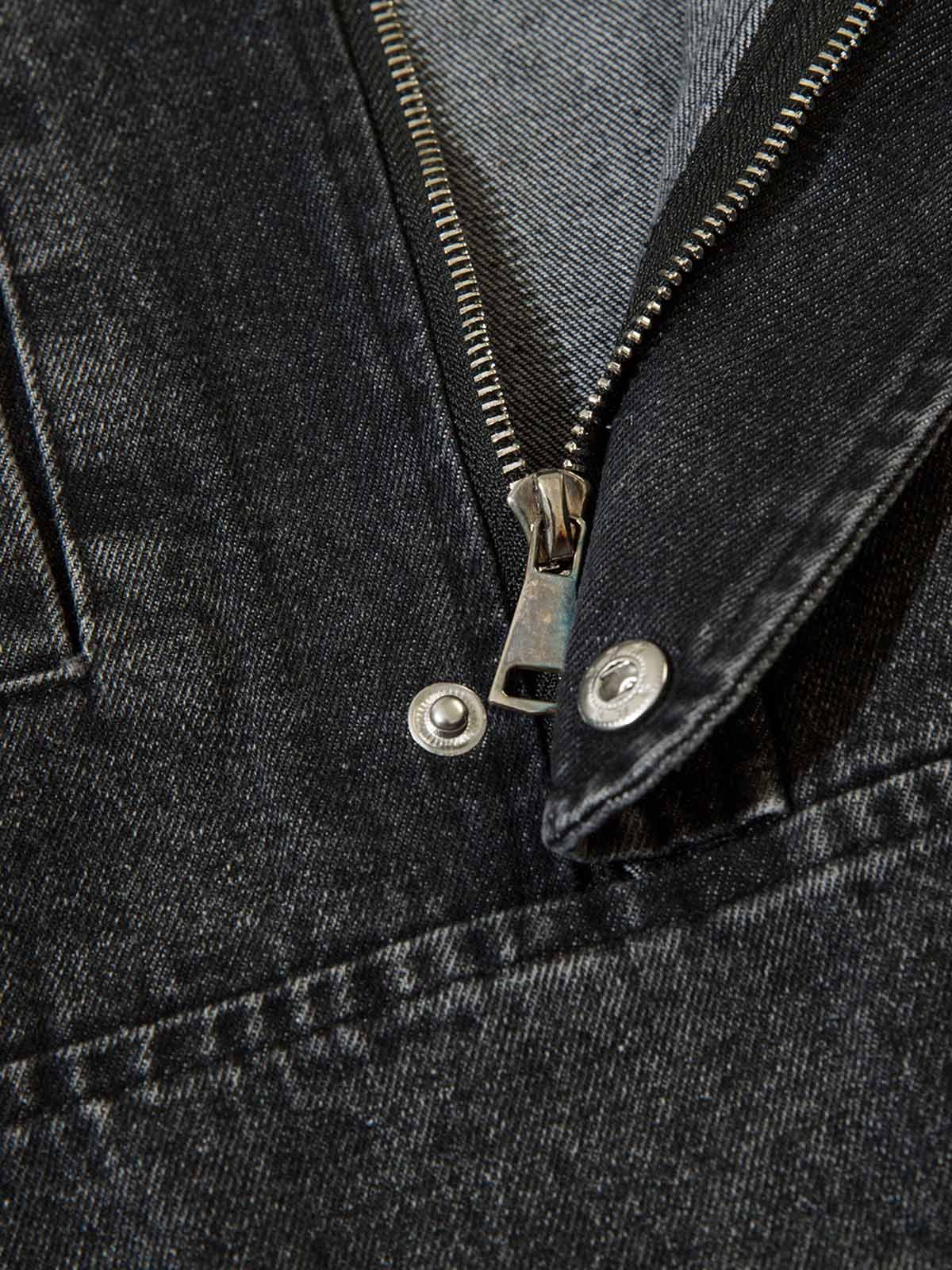 Washed Distressed Metal Zipper Hooded Denim Sweatshirt 