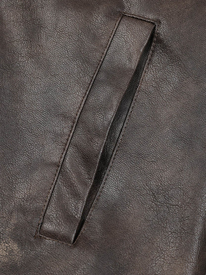 Thesupermade Distressed Letter Embroidery Motorcycle PU Leather Jacket 