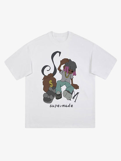 Thesupermade Hip Hop Cartoon Character Print T-shirt 