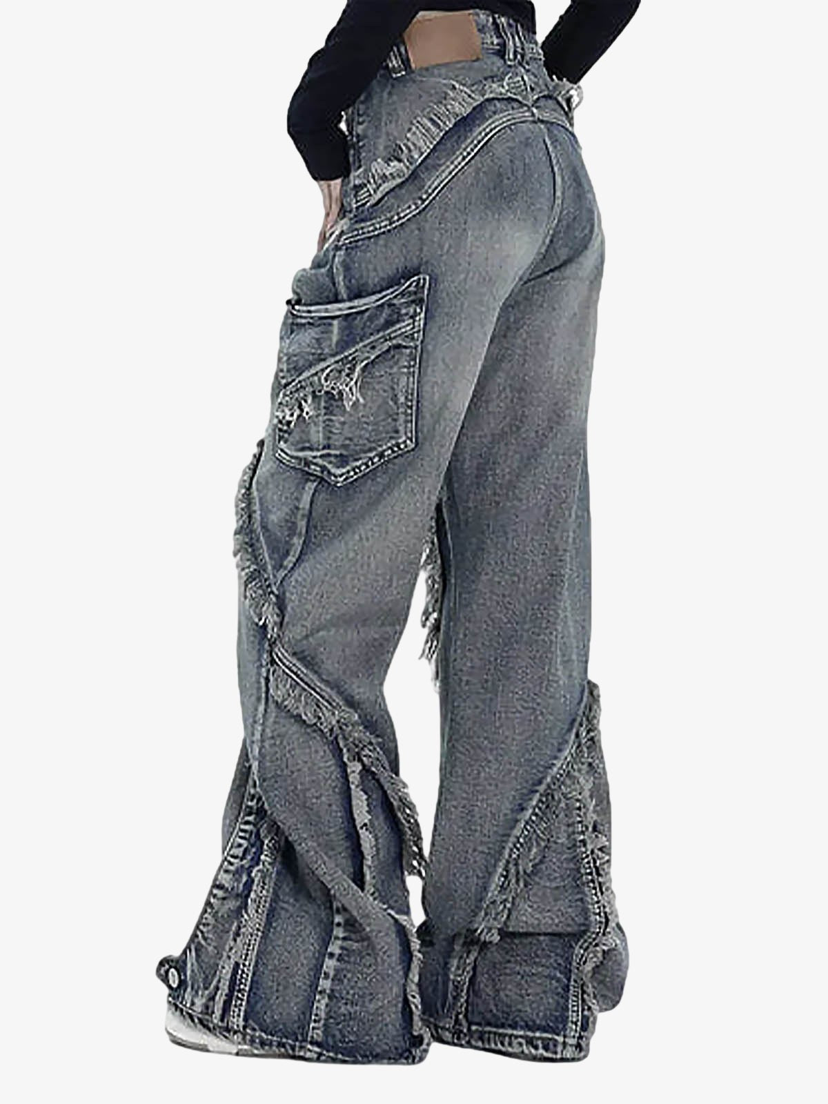 Thesupermade Washed Side Pocket Raw Edge Baggy Jeans - 2303 