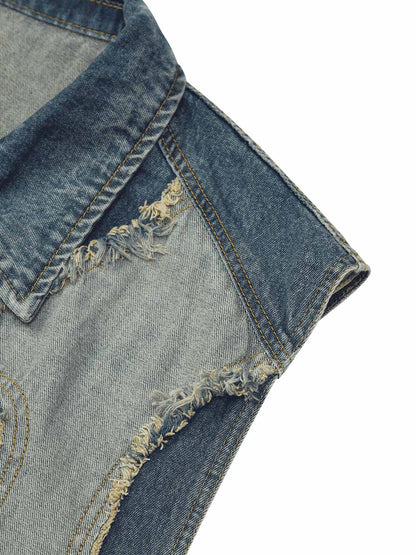 Thesupermade Contrast Denim Heart Stitching Street Rap Vest - 2062 