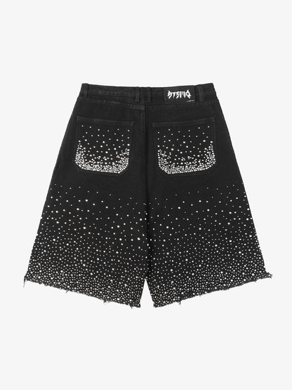 Retro Washed Rhinestone Raw Edge Denim Shorts - 2419 