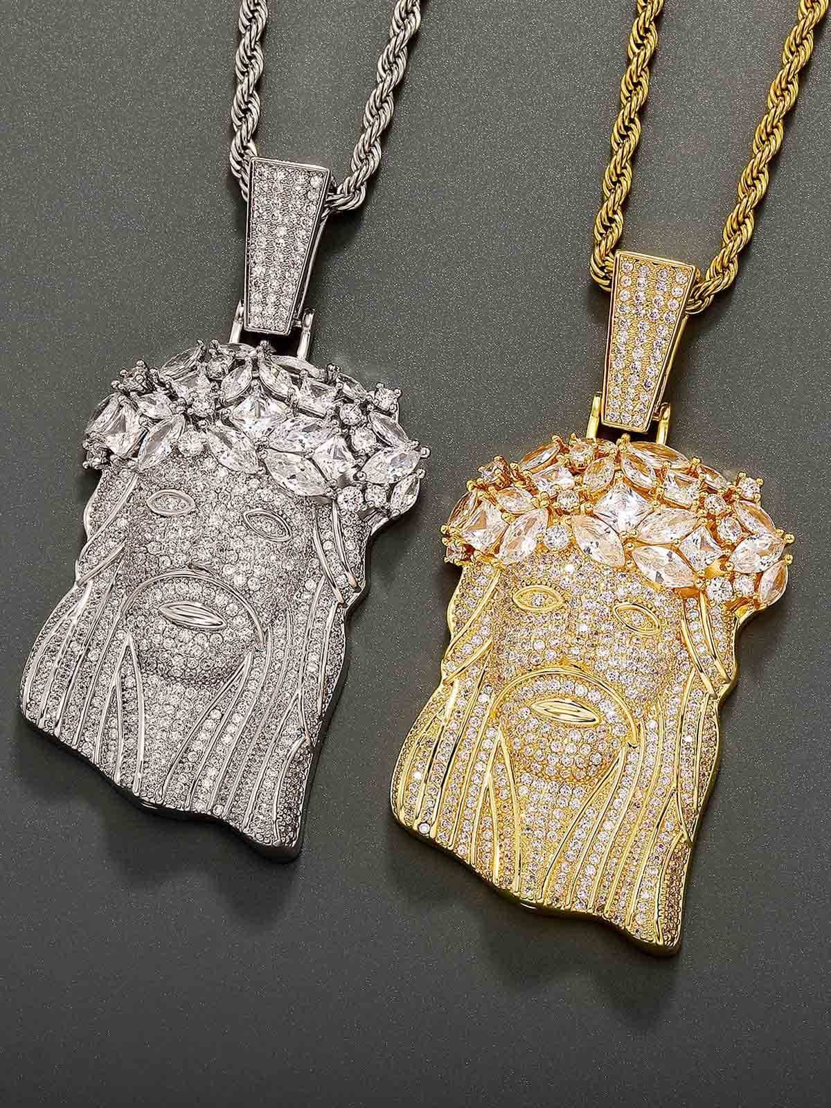 Rhinestone Hotfix Jesus Pendant Copper Necklace - 2441 