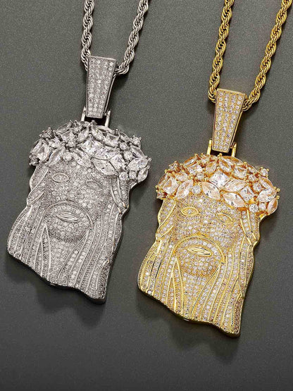 Rhinestone Hotfix Jesus Pendant Copper Necklace - 2441 