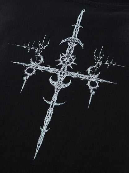 Heavy Cotton Washed Cross Shield Print T-shirt 