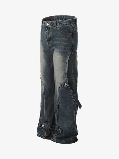 Washed Distressed Deconstructed Split Work Jeans 