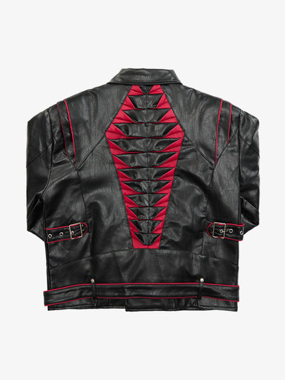 Thesupermade Paneled Spine Pleated Cropped Leather Biker Jacket 