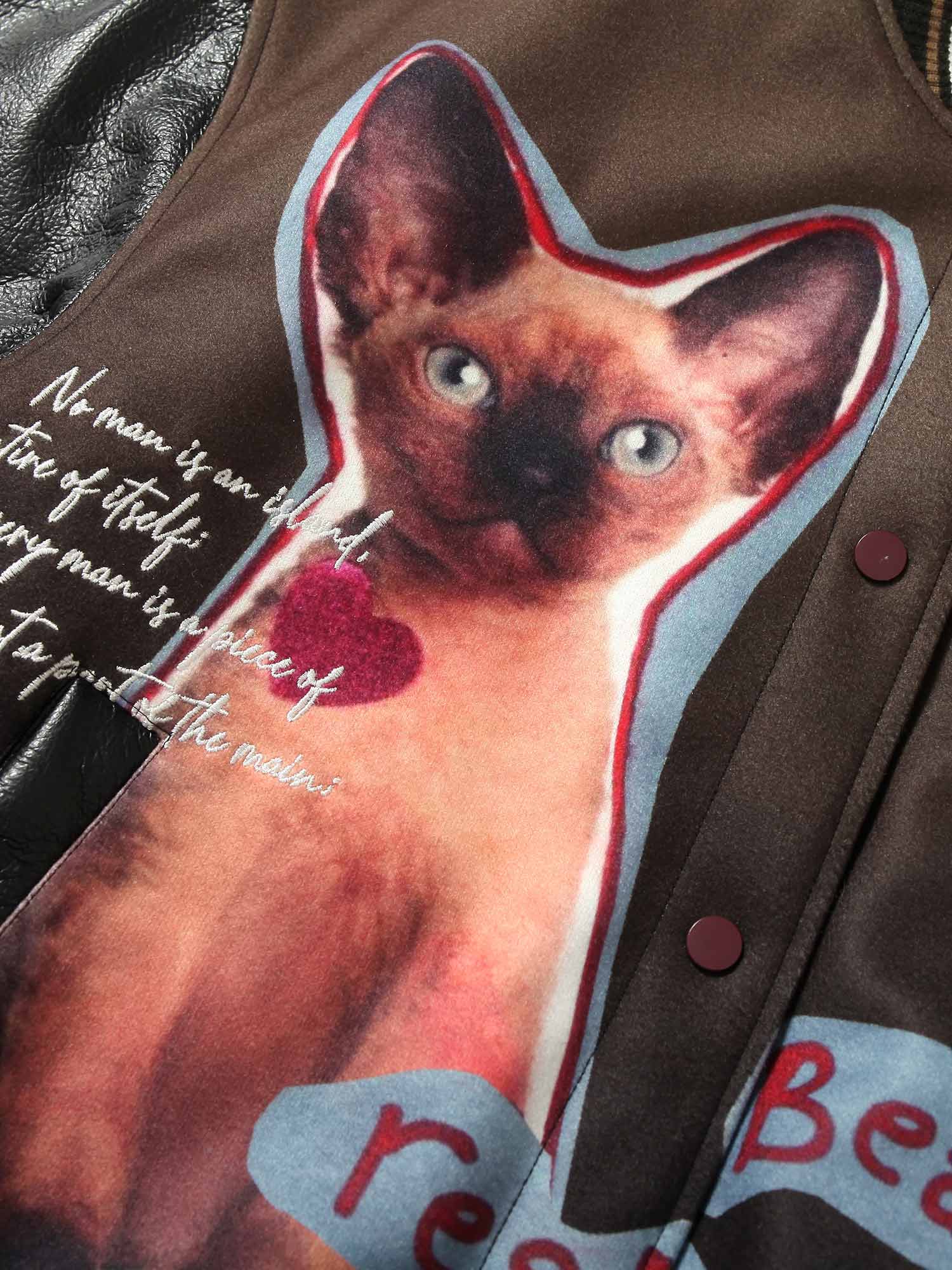 Thesupermade Siamese Cat Embroidery Leather Bomber Jacket - 2217 