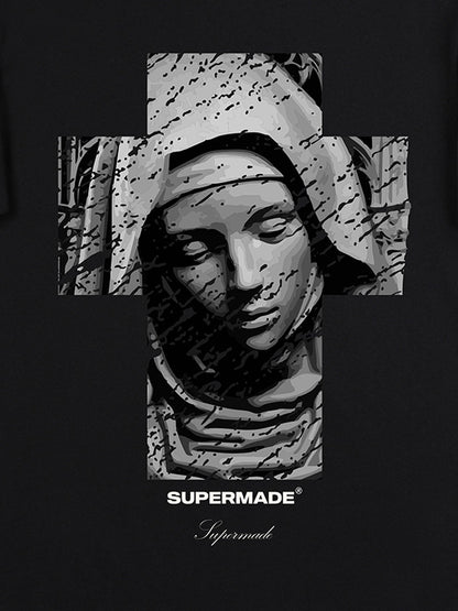 Original Retro Virgin Mary Mottled Cross Print T-Shirt 