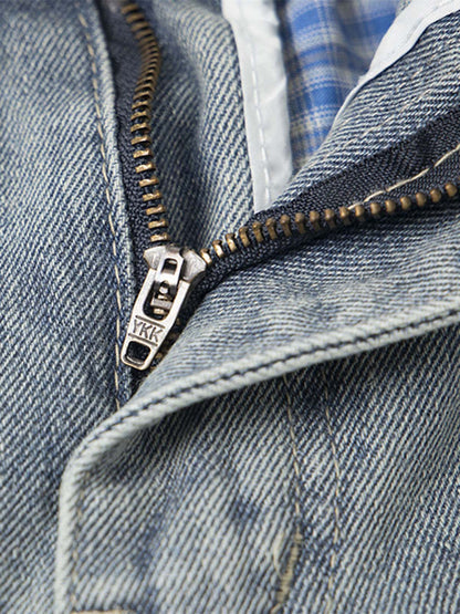 Plaid Double Waist Baggy Jeans - 2505 