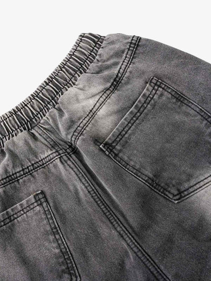 Washed Distressed Raw Edge Drawstring Jeans 