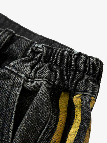 Distressed Striped Side Chain Patchwork Ripped Straight Jeans - 2391 