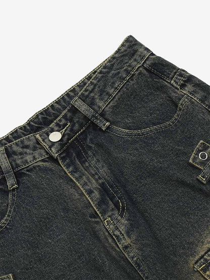 Thesupermade Vintage Washed Web Rivets Hip-Hop Jeans 