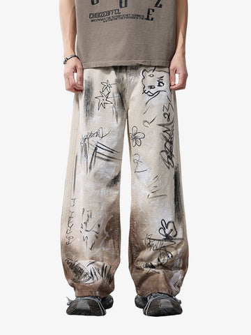 Distressed Washed Graffiti Baggy Jeans 
