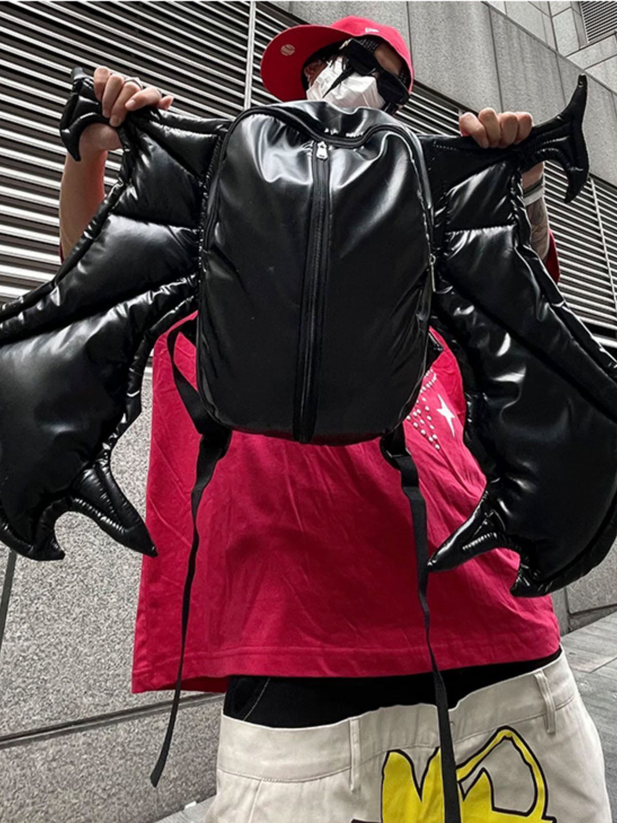 PU Leather Bat Wing Double Zipper Backpack 
