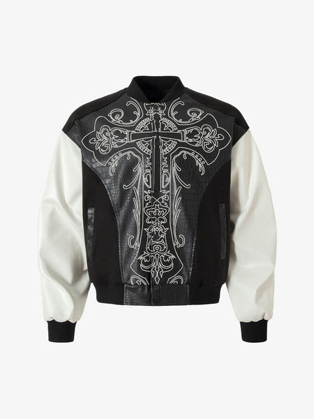 Gothic Cross Embroidery Leather Bomber Jacket | Thesupermade®