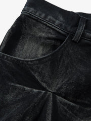 Denim Heavy Washed Distressed Pleated Baggy Jeans - 2282 