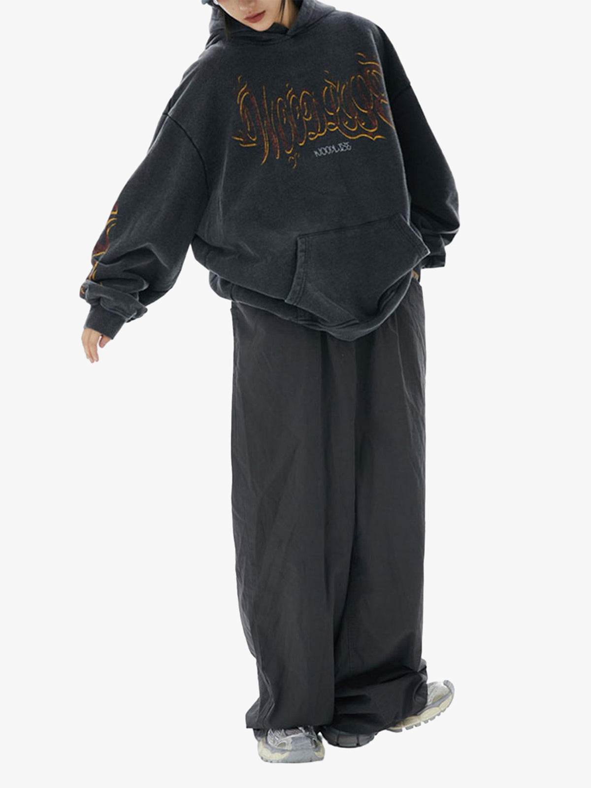 Thesupermade Flame Letter Washed Hooded Sweatshirt - 2216 